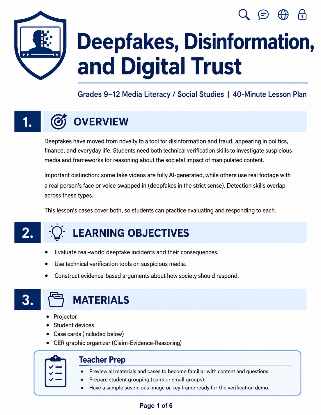 Preview of Lesson Plan B — "Deepfakes, Disinformation, and Digital Trust"