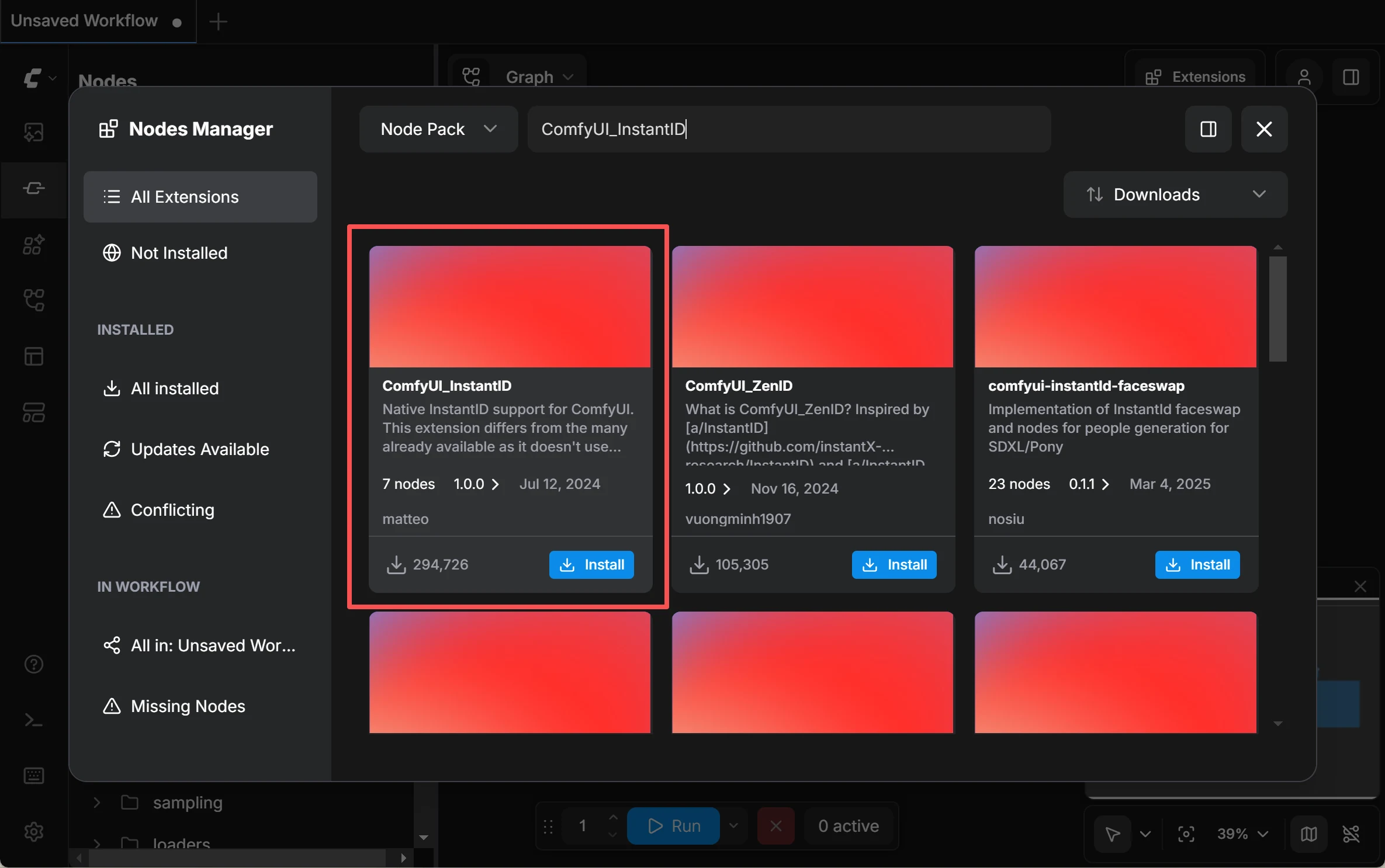Image: Searching and installing InstantID/PuLID custom node in Extension Manager