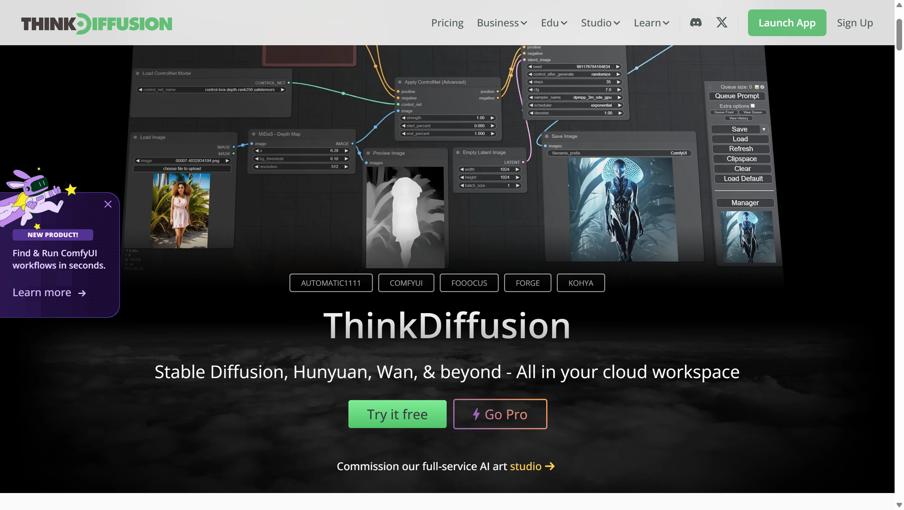 Image: ThinkDiffusion interface — cloud ComfyUI with preloaded extensions