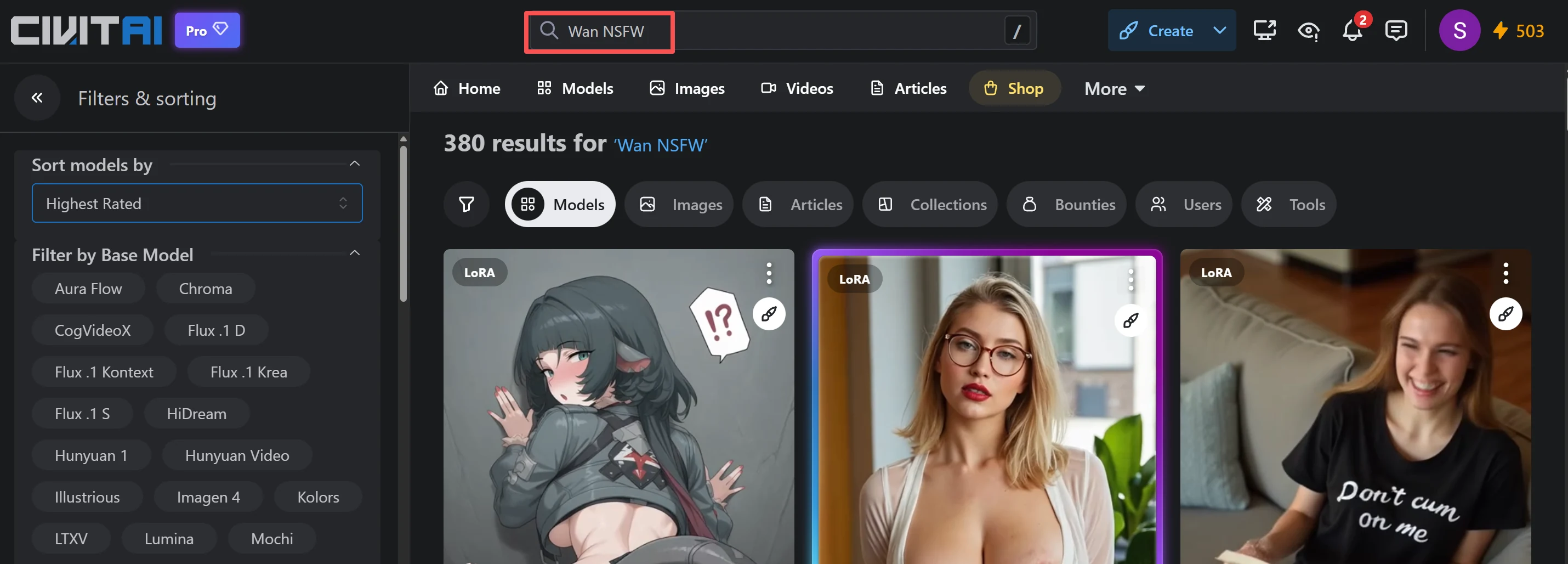 Image: Civitai — search results for Wan NSFW models and LoRAs