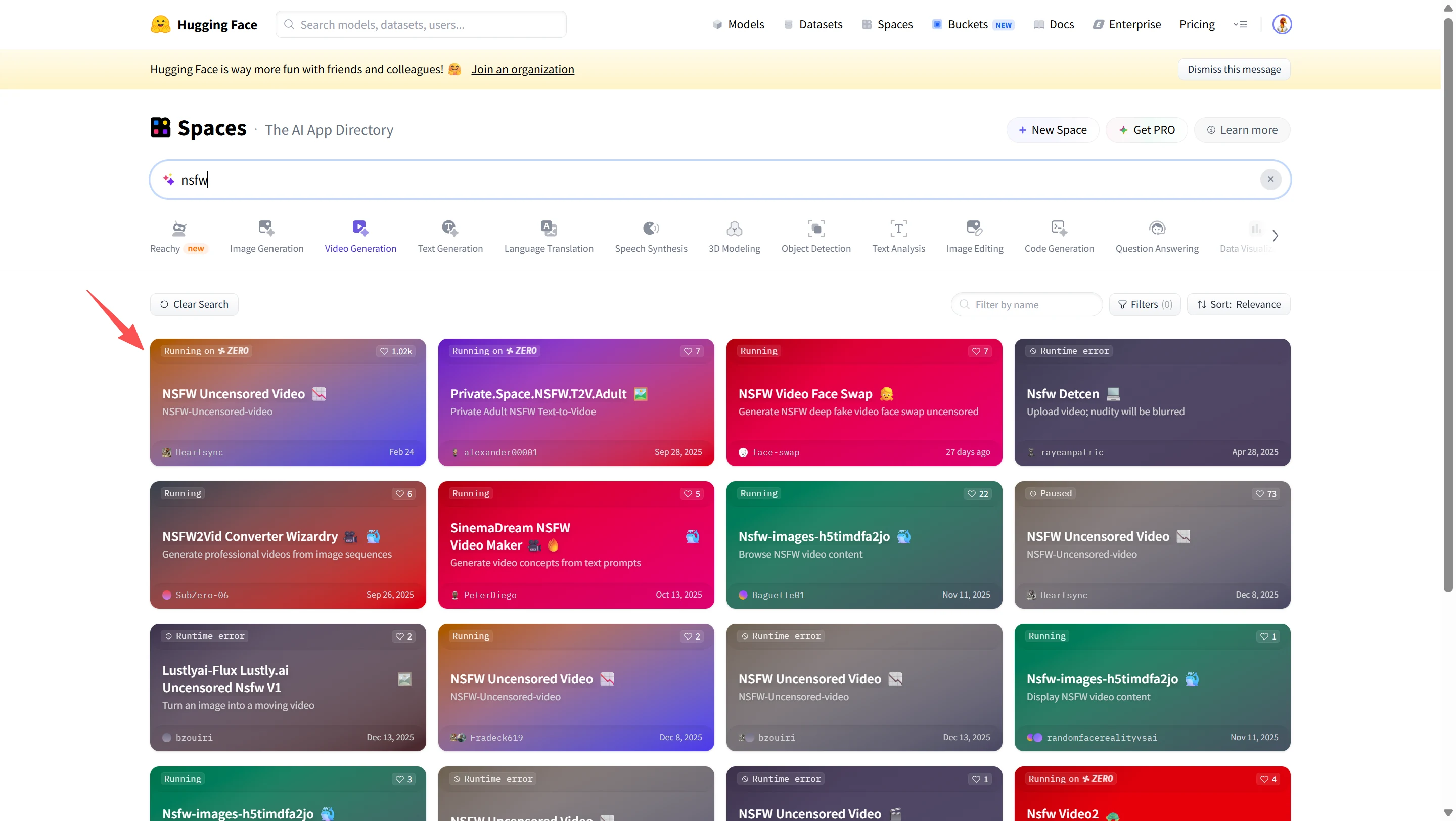 Image: Hugging Face Spaces — NSFW video and image-to-video demos in the directory