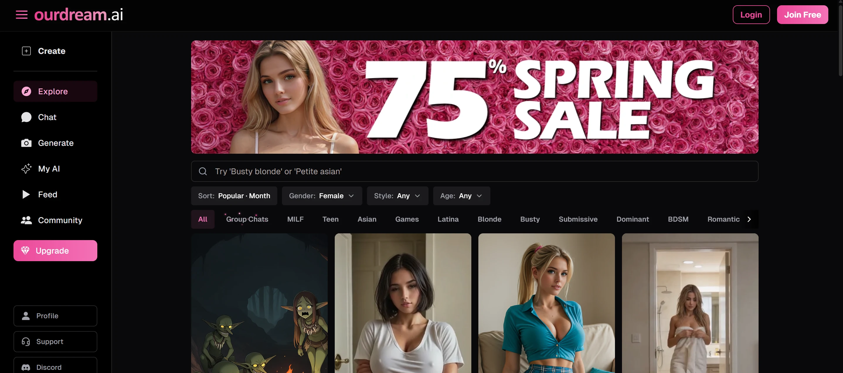 Image: ourdream.ai — explore view with gallery and filters