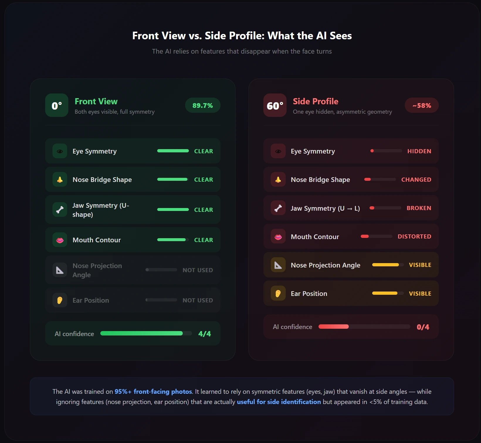 Diagram: front vs. side face feature comparison